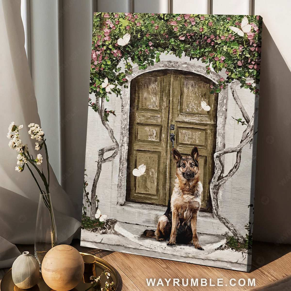 German shepherd painting, Flower garden, Spring drawing, White butterfly - German shepherd Portrait Canvas Prints, Wall Art