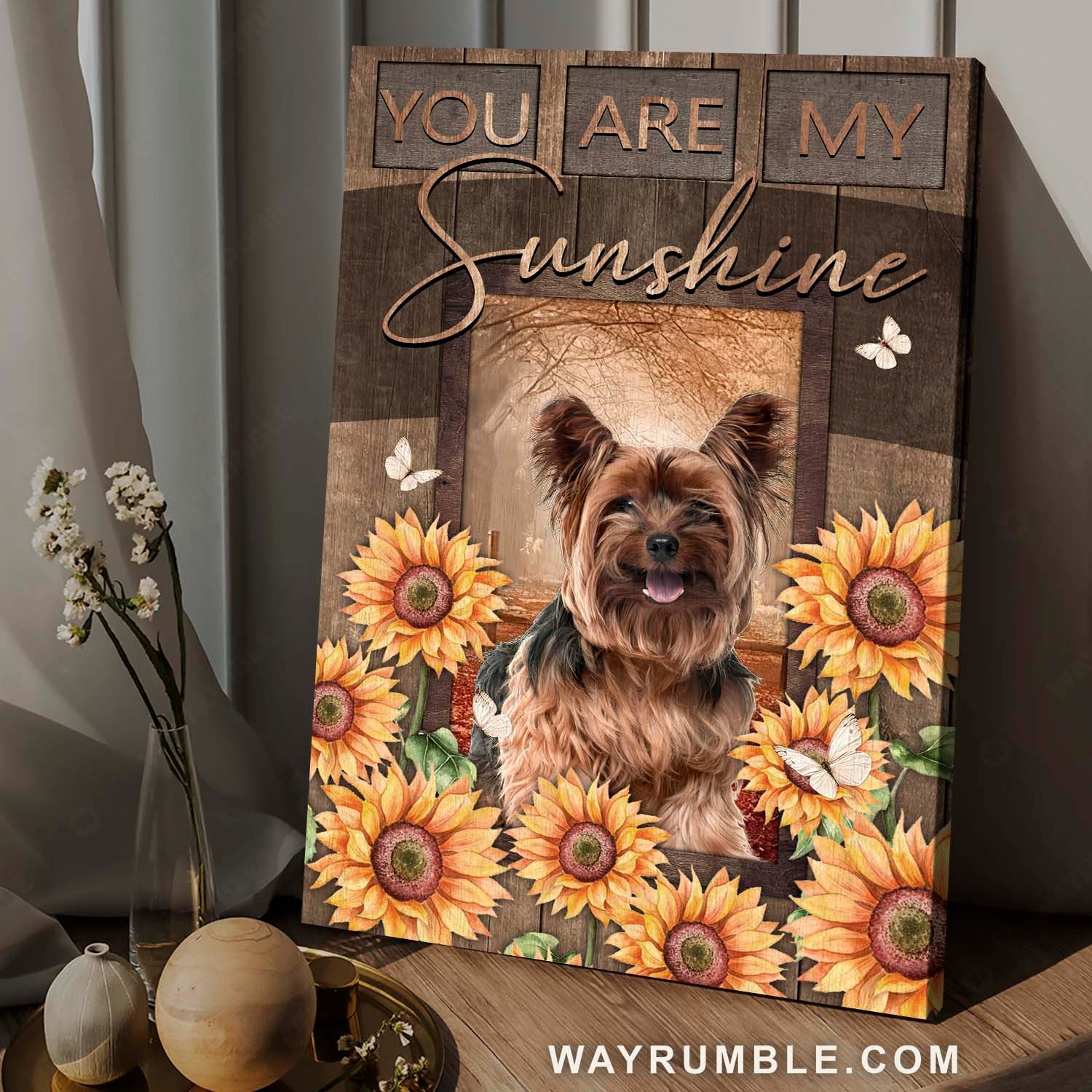 Cute Yorkshire Terrier, Sunflower background, You are my sunshine - Yorkshire Portrait Canvas Prints, Wall Art