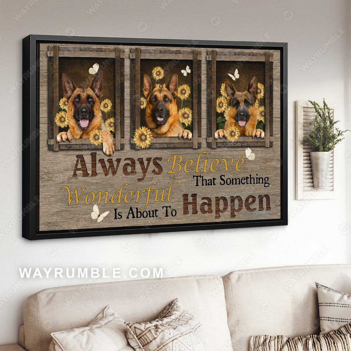 Cute German shepherd, Sunflower drawing, Always believe that something wonderful happen - Dog Landscape Canvas Prints, Wall Art