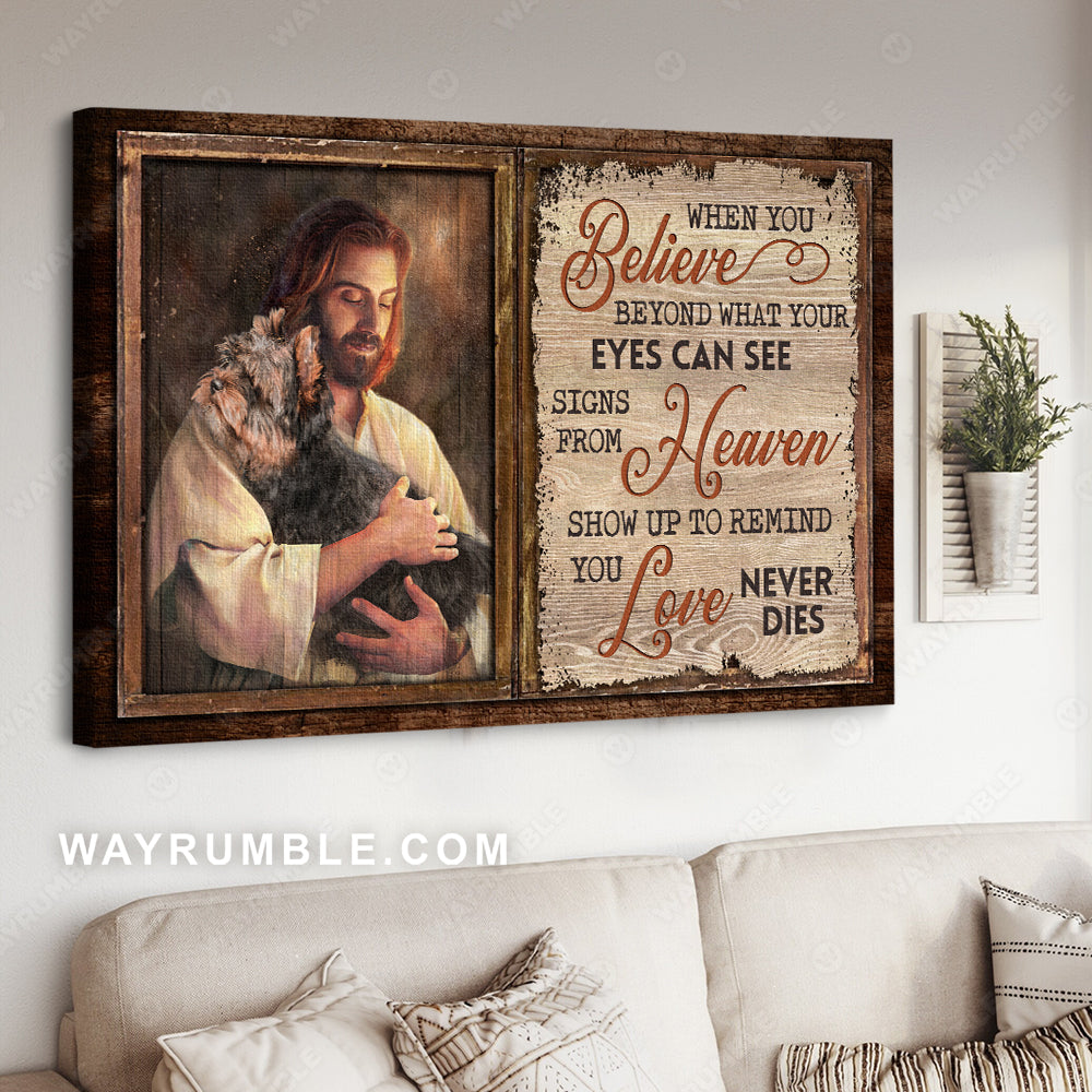 Jesus painting, Yorkshire Terrier drawing, Signs from heaven show up to remind love never dies - Dog Landscape Canvas Prints, Wall Art