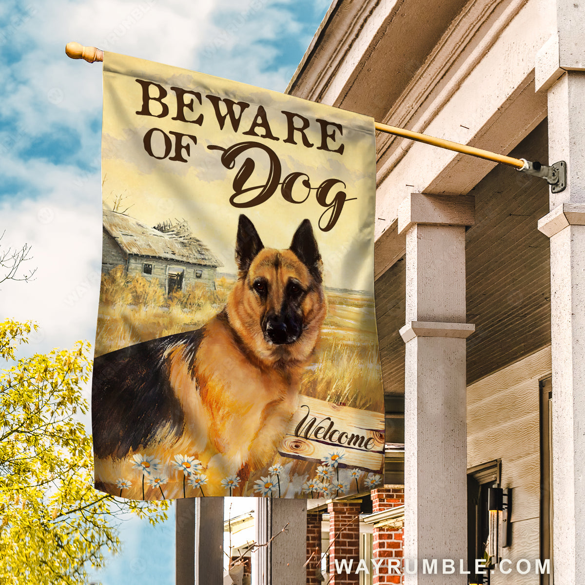 Awesome German shepherd, Rice field, Daisy, Beware of dog - German shepherd Flag