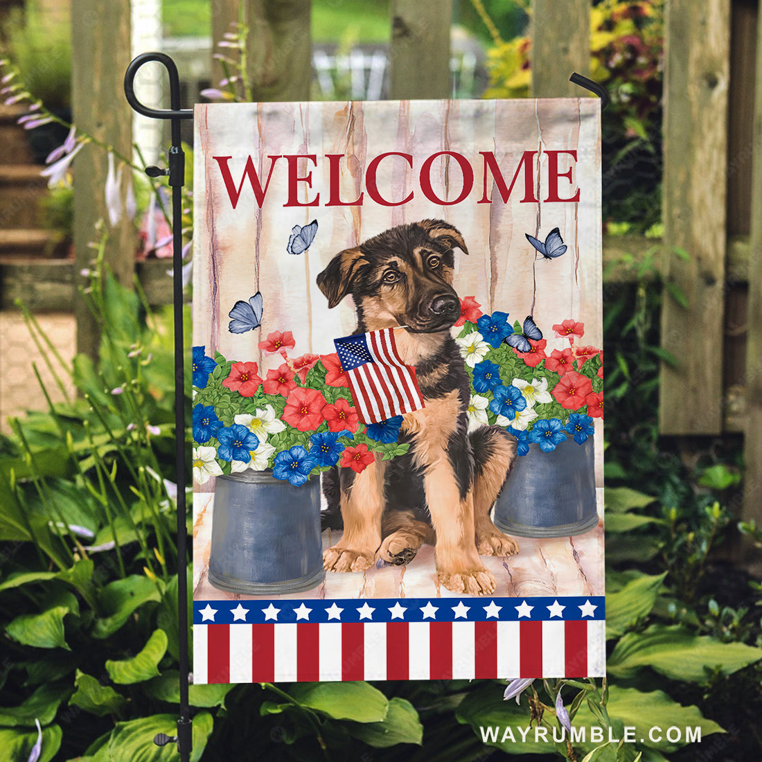 Little German shepherd, Pretty hibiscus flower, US flag, Welcome - German shepherd Flag