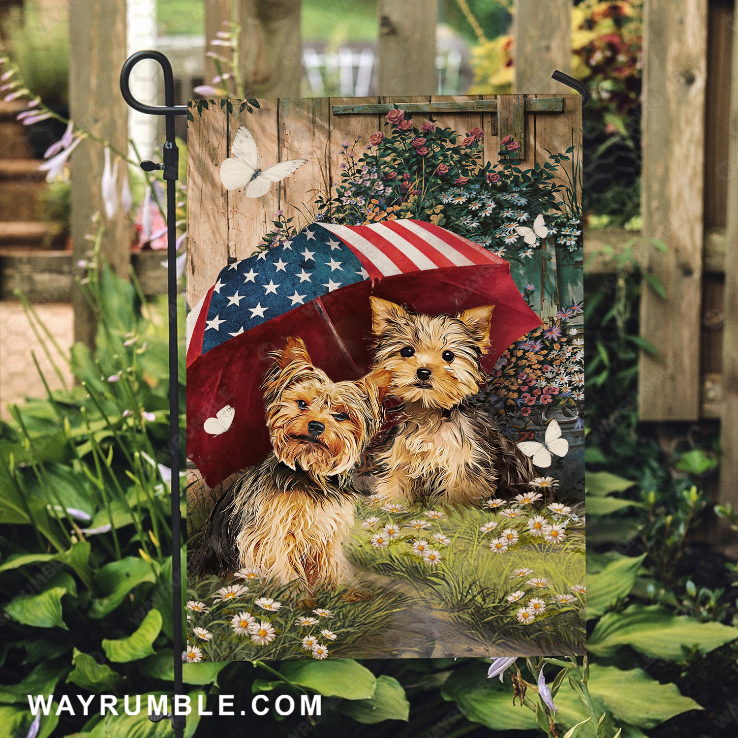 Little Yorkshire Terrier, Colorful umbrella, Spring garden - Yorkshire Terrier Flag