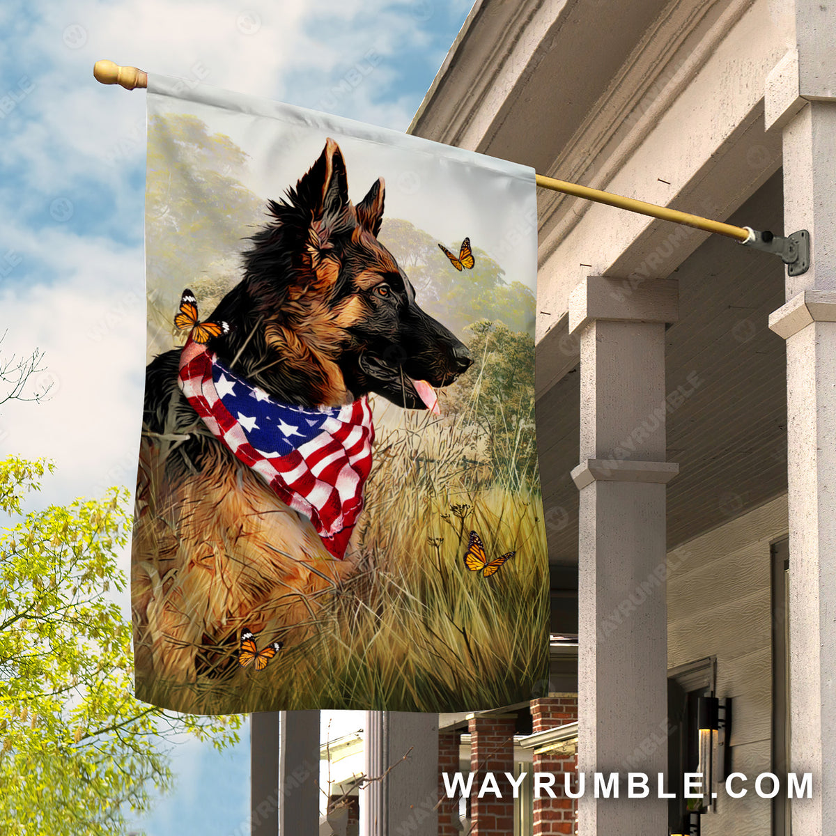 Stunning German shepherd, US flag symbol, Rice field, Butterfly - German Shepherd Flag