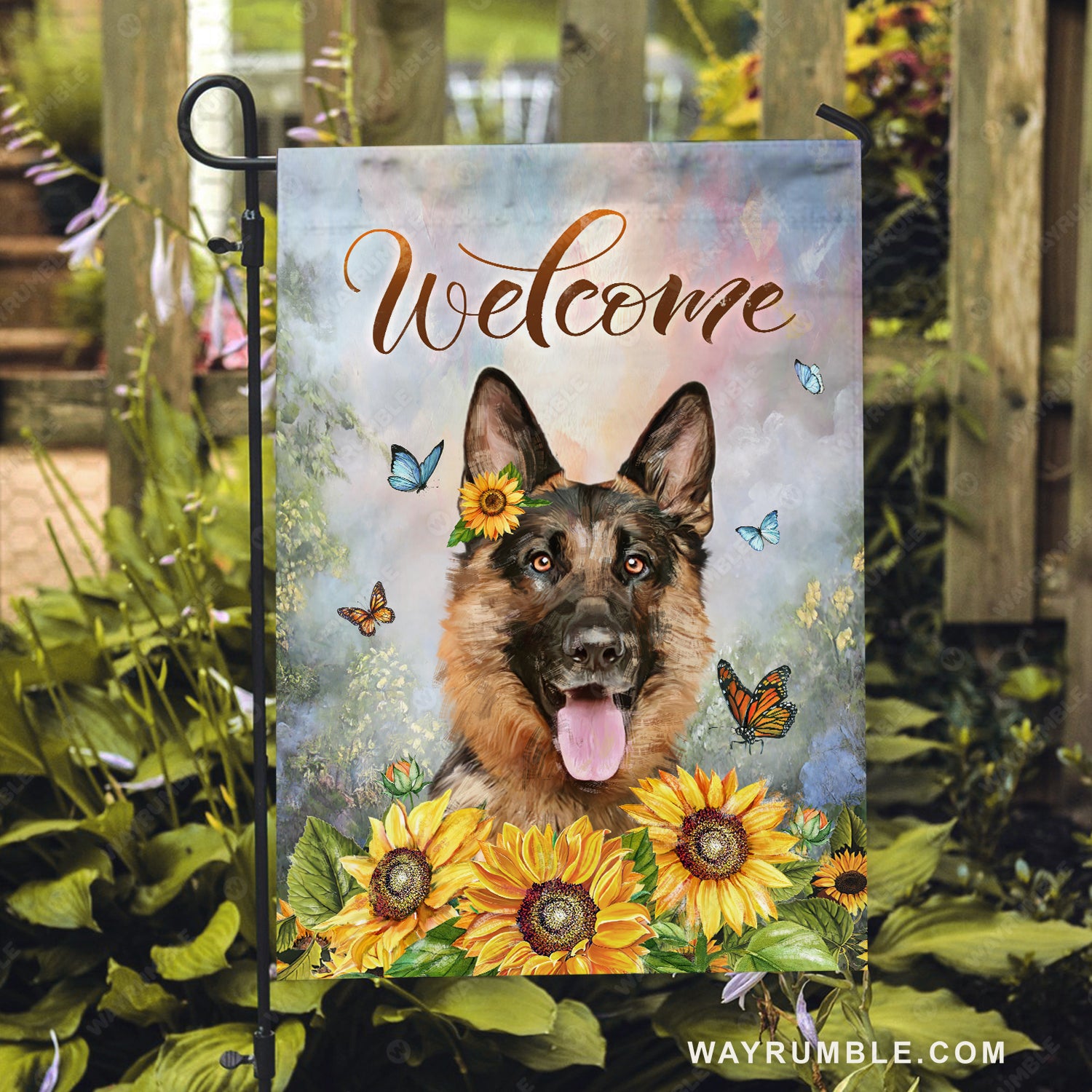 German shepherd drawing, Colorful butterfly, Sunflower, Welcome - German shepherd Flag