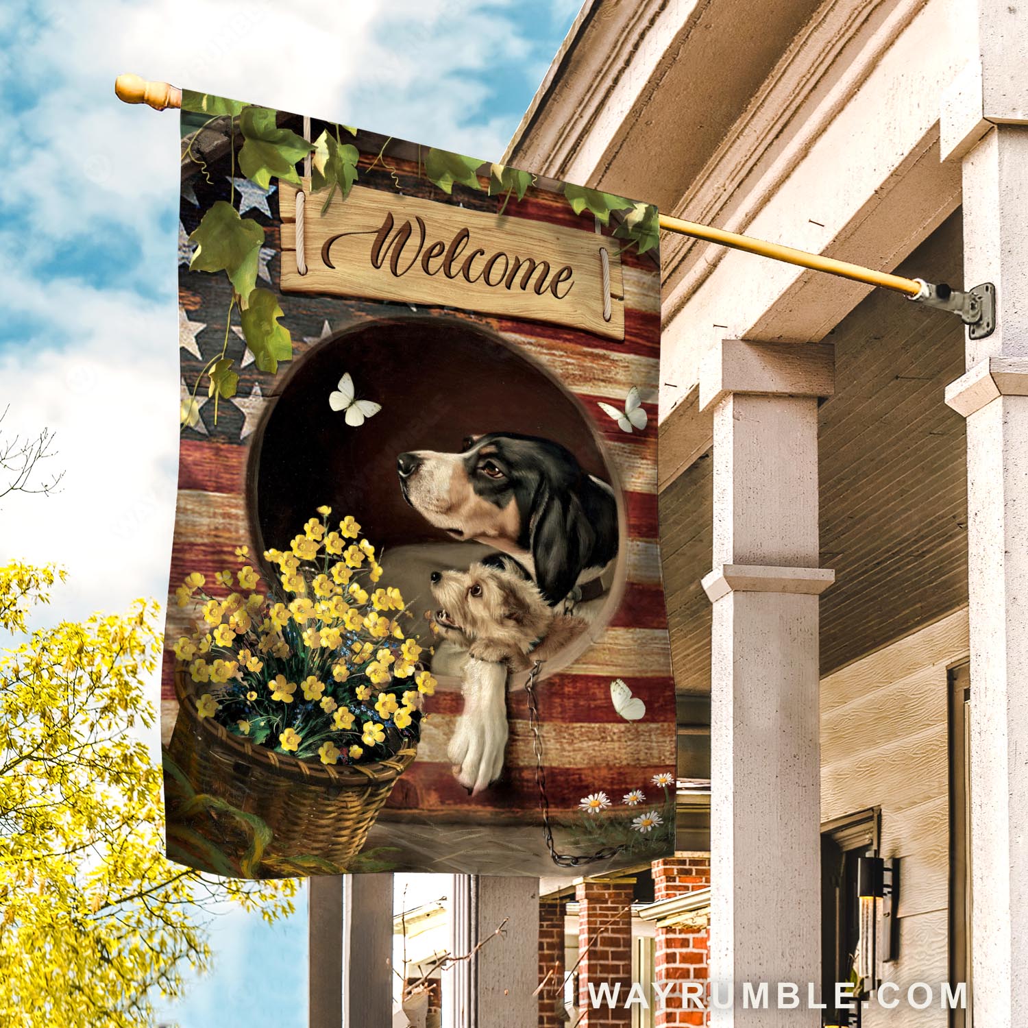 Black and tan coonhound, Pyrenean shepherd, Flower basket, Welcome - Dog Flag