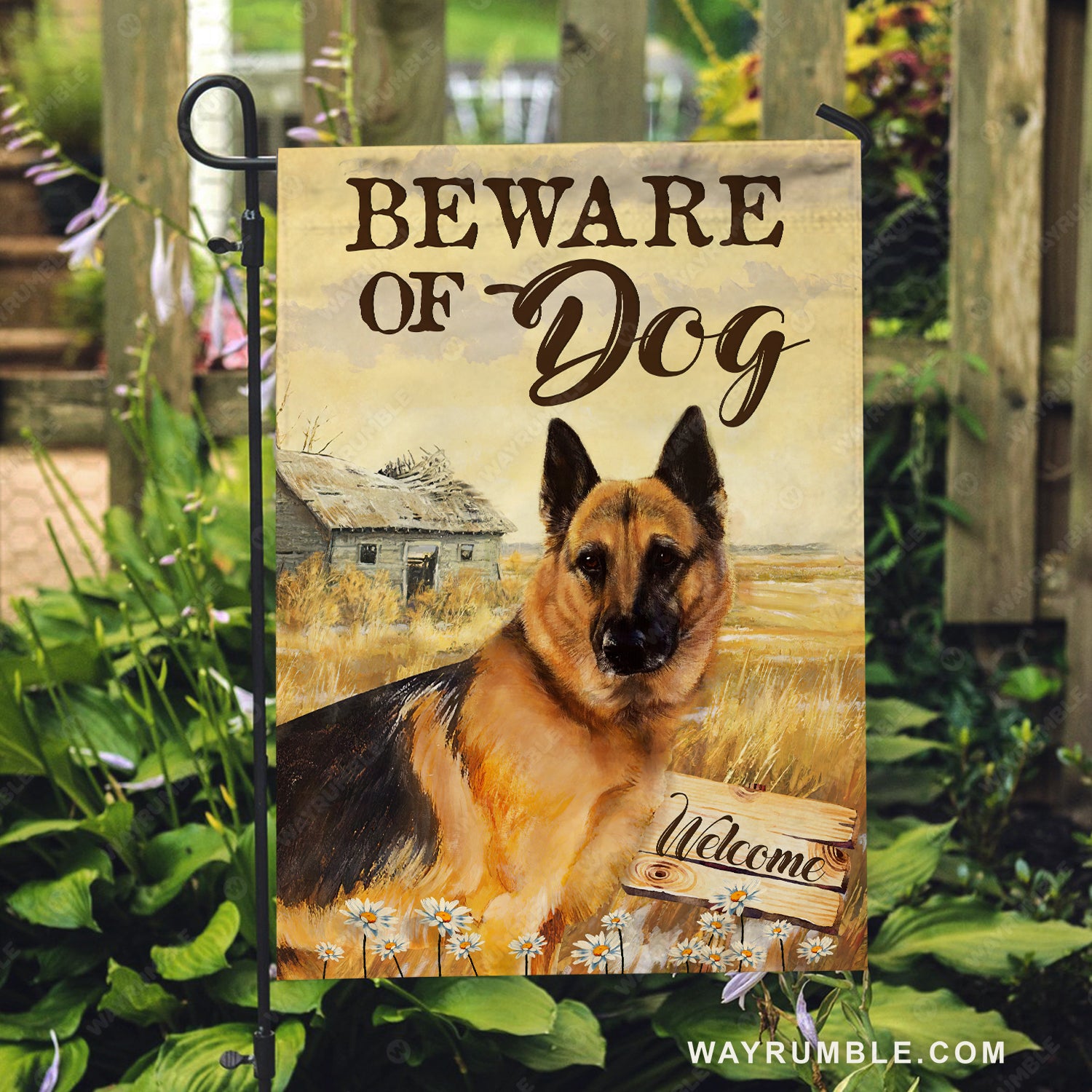Awesome German shepherd, Rice field, Daisy, Beware of dog - German shepherd Flag