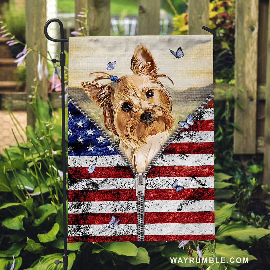 Cute Yorkshire dog, Blue butterfly, US flag - Yorkshire Flag