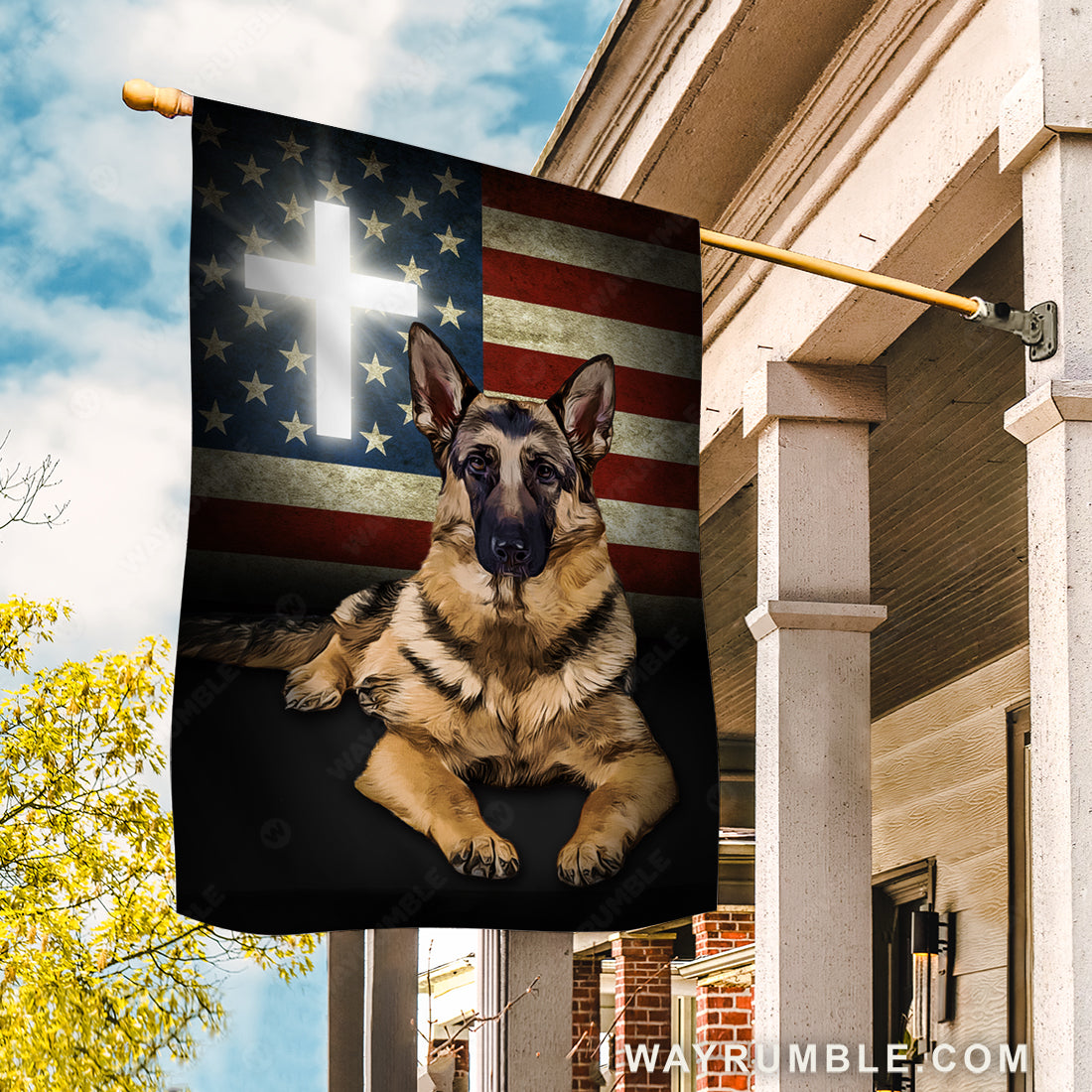 German shepherd drawing, Unique cross, US flag- German shepherd Flag