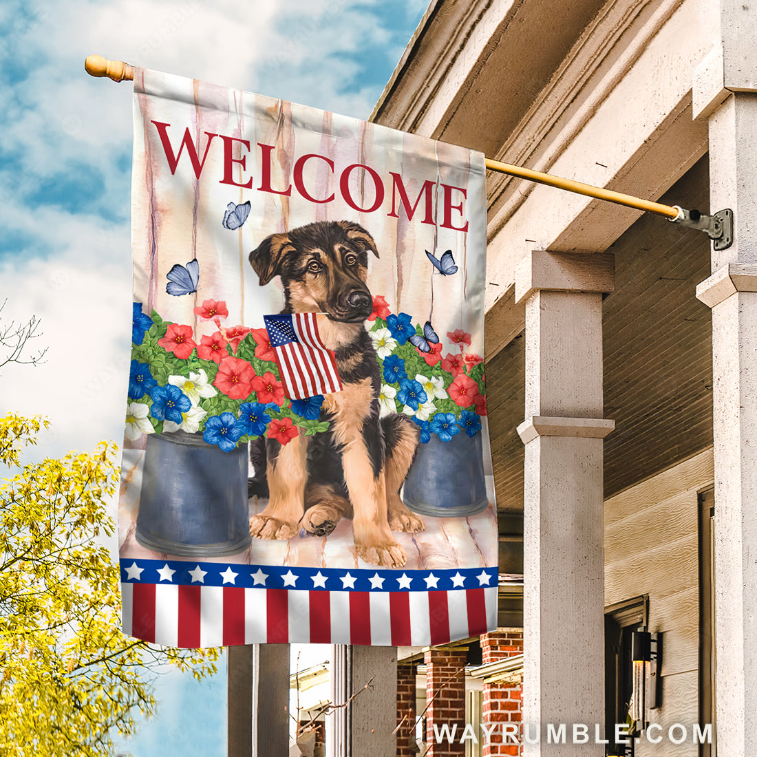 Little German shepherd, Pretty hibiscus flower, US flag, Welcome - German shepherd Flag