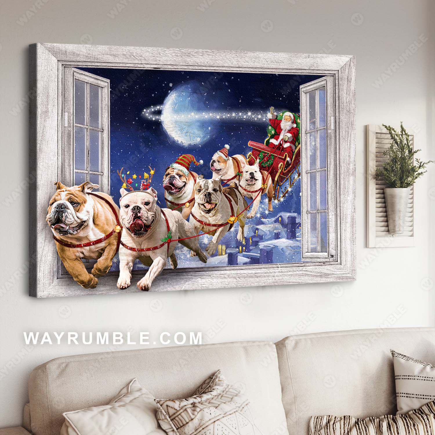 English Bulldog, Christmas painting, Santa Claus - Bulldog Landscape Canvas Prints, Wall Art 