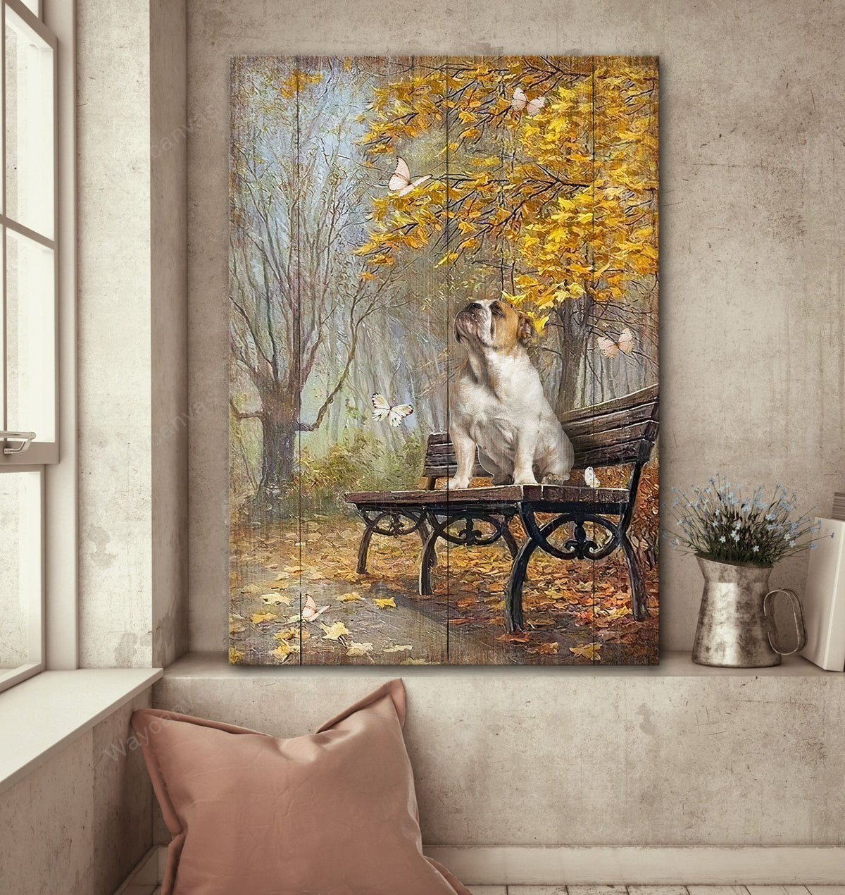 Autumn Park, Sitting on the bench, English Bulldog - Dog Portrait Canvas Prints, Wall Art