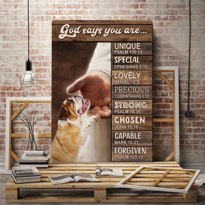 English Bulldog, Jesus hand, God says you are - Dog Portrait Canvas Prints, Wall Art
