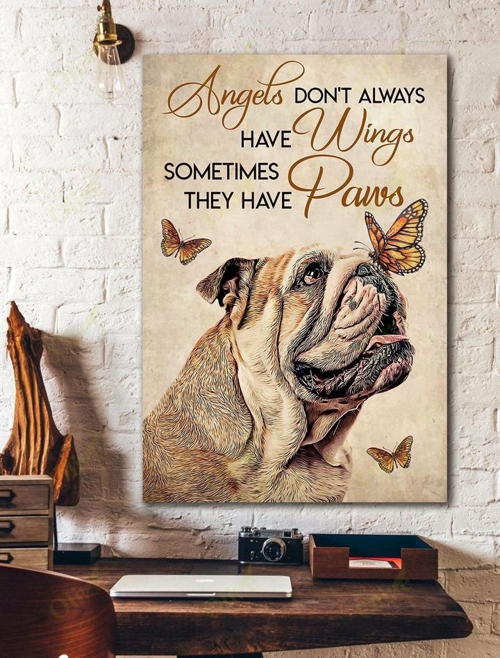 English Bulldog, Butterfly, Angels don&#39;t always have wings - Dog Portrait Canvas Prints, Wall Art