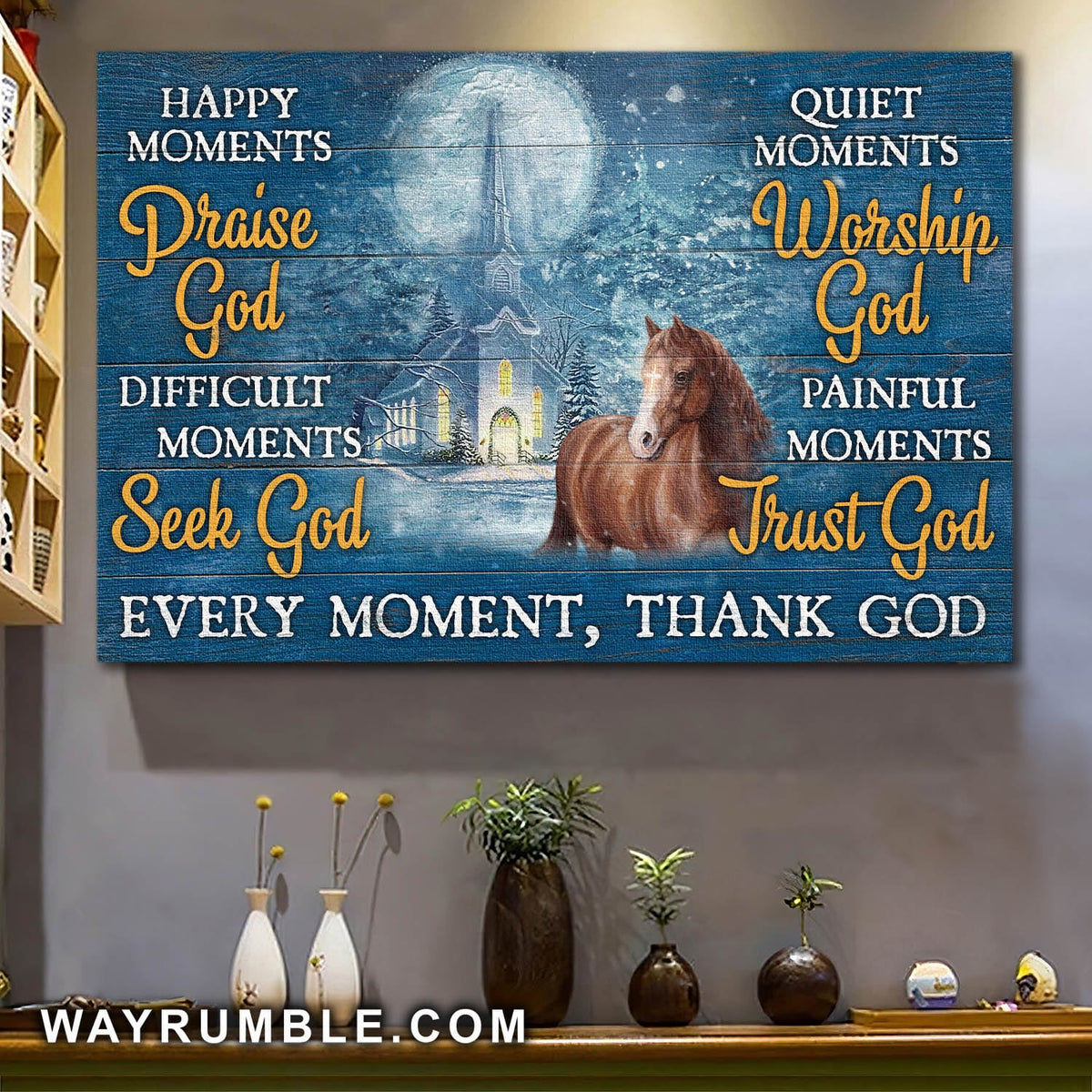 Horse, Church, Full moon, Winter Forest, Every moment thank god - Jesus Landscape Canvas Prints, Wall Art