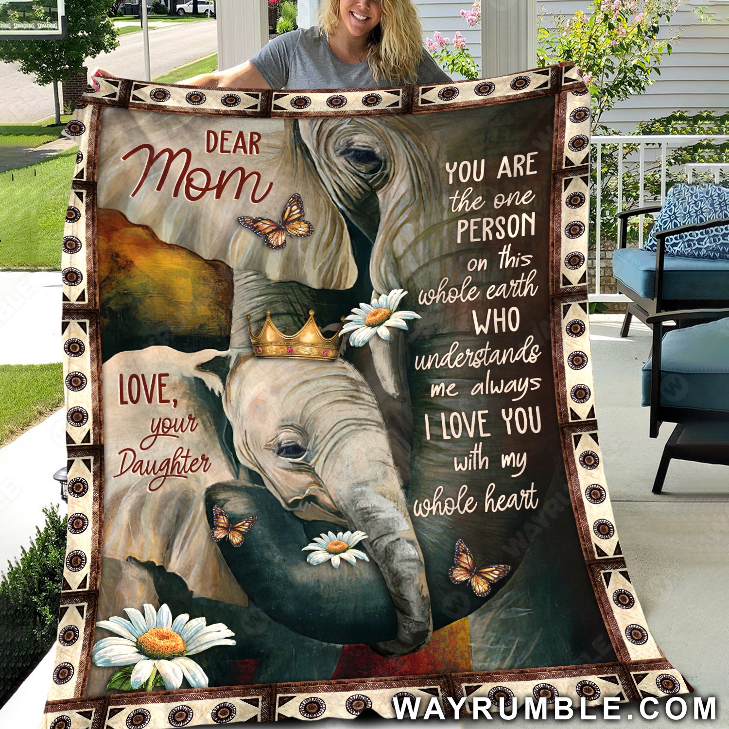 Daughter to mom, Elephant drawing, I love you with my whole heart - Family Blanket
