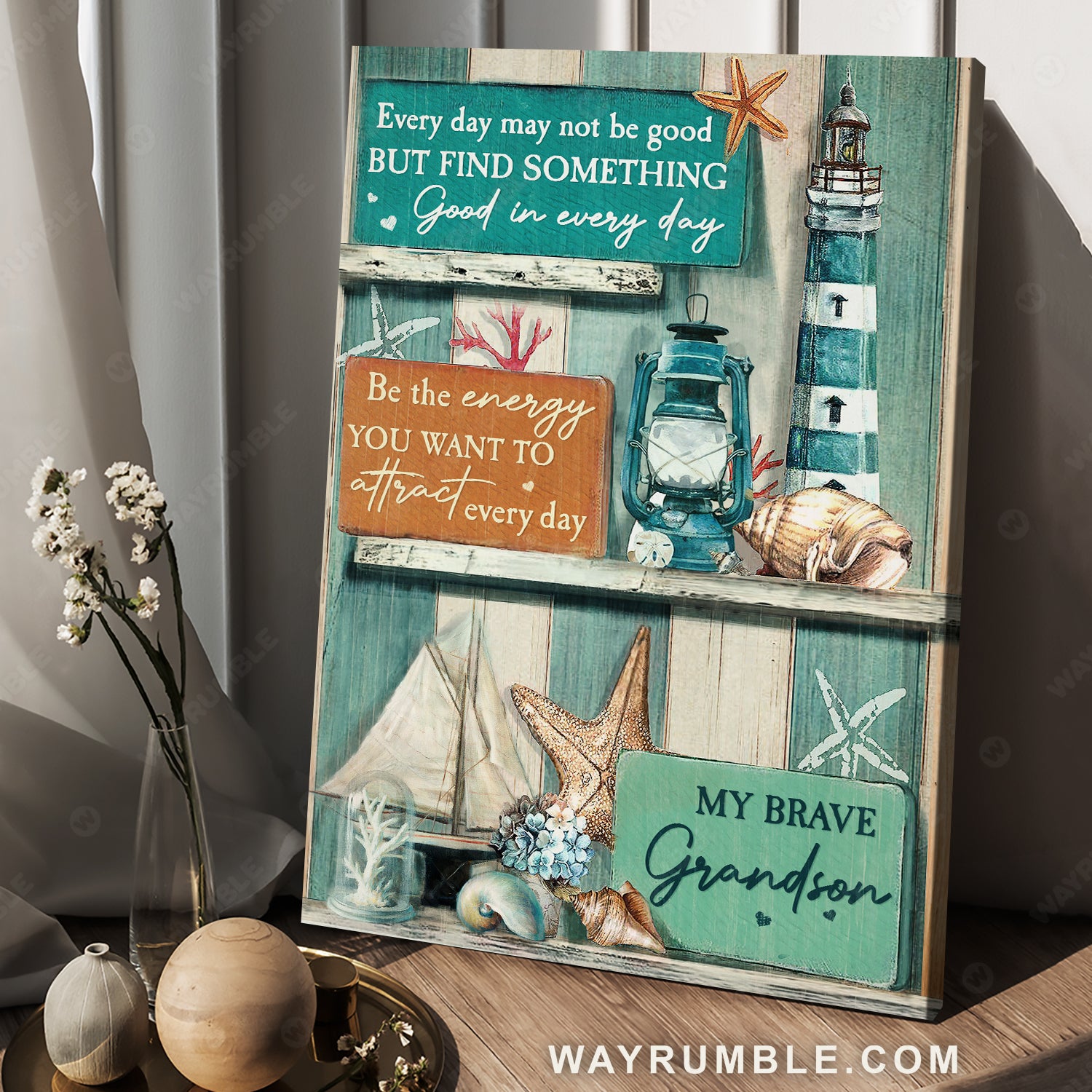 Grandma to grandson, Vintage oil lamp, Lighthouse, Find something good in every day - Family Portrait Canvas Prints, Wall Art