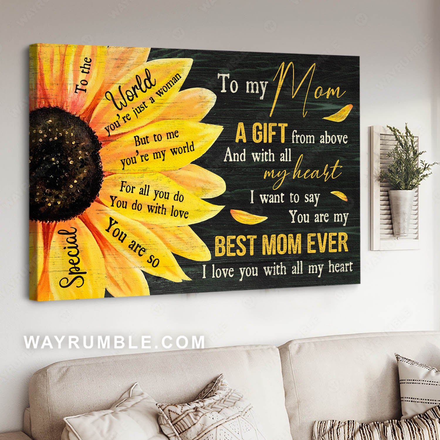 Daughter to mom, Big sunflower, Black background, You are my best mom ever - Family Landscape Canvas Prints, Wall Art