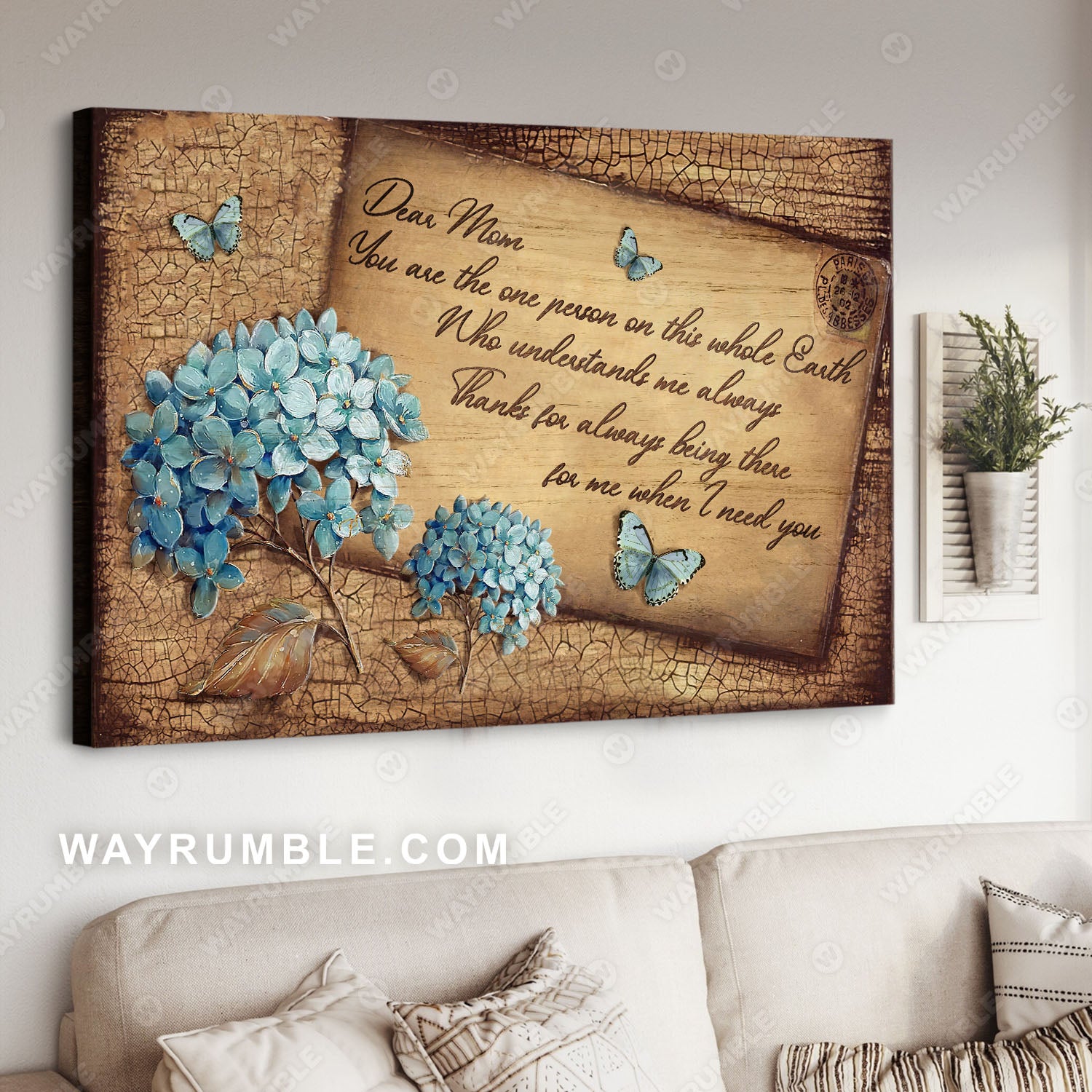 Daughter to mom, Blue hydrangea, Antique letter, Thanks for always being there for me - Family Landscape Canvas Prints, Wall Art