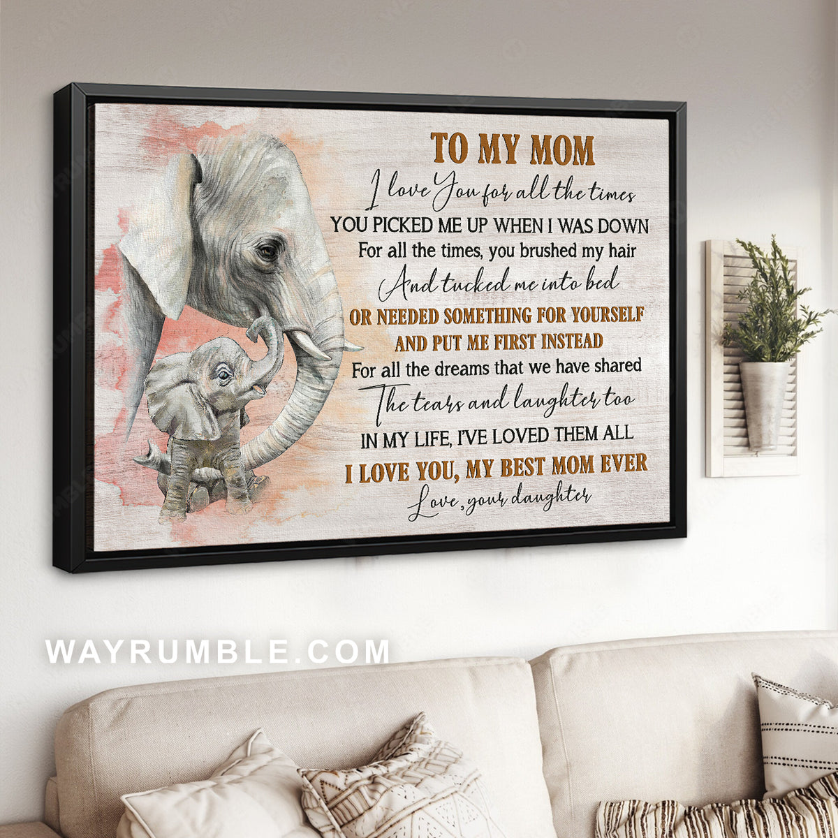 Daughter to mom, Watercolor elephant, Pink sky, I love you for all the times - Family Landscape Canvas Prints, Wall Art