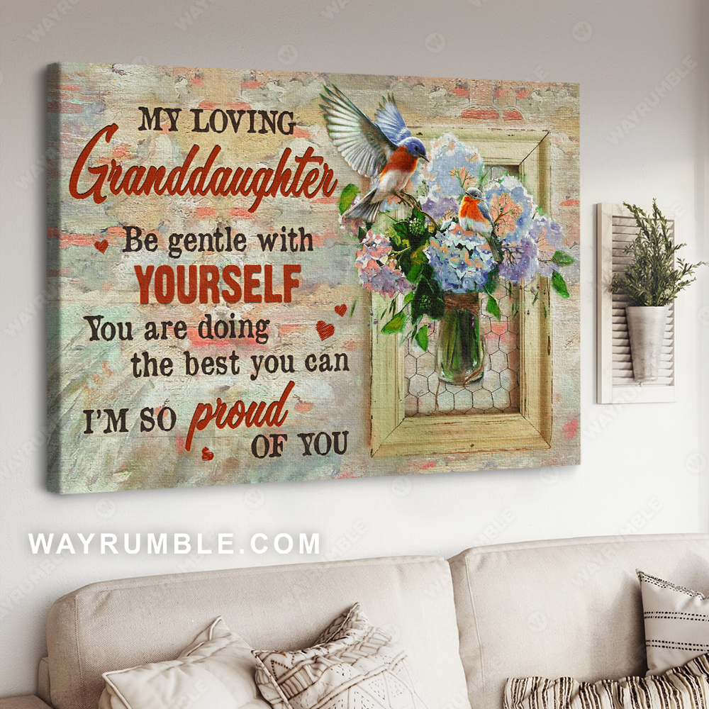 Grandma to granddaughter, Pastel hydrangea drawing, Hummingbird, I&#39;m so proud of you - Family Landscape Canvas Prints, Wall Art