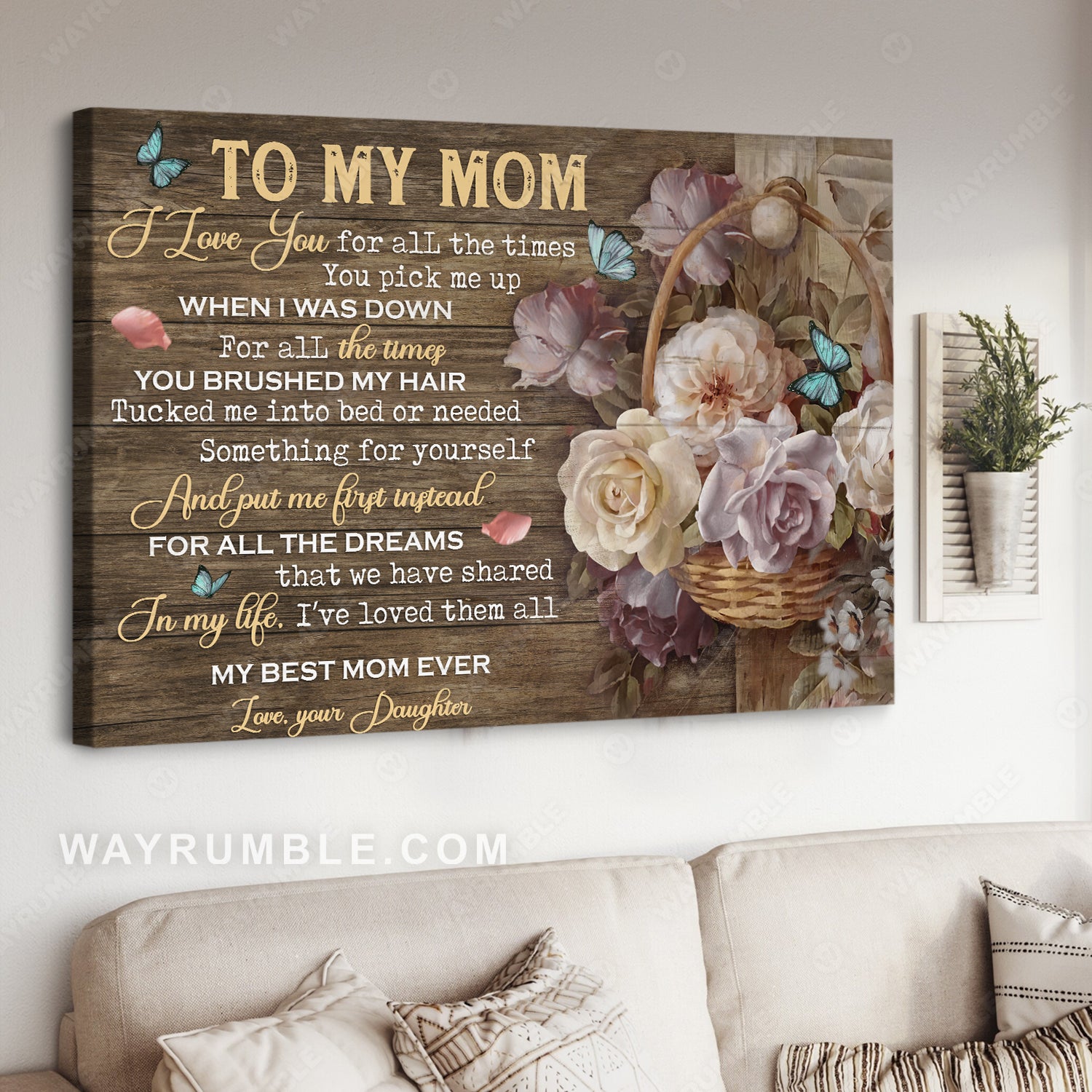 Daughter to mom, Beautiful flower vase, Blue butterfly, I love you for all the times - Family Landscape Canvas Prints, Wall Art