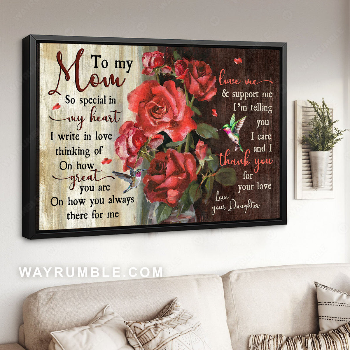 Daughter to mom, Beautiful rose garden, Hummingbird, I thank you for your love - Family Landscape Canvas Prints, Wall Art