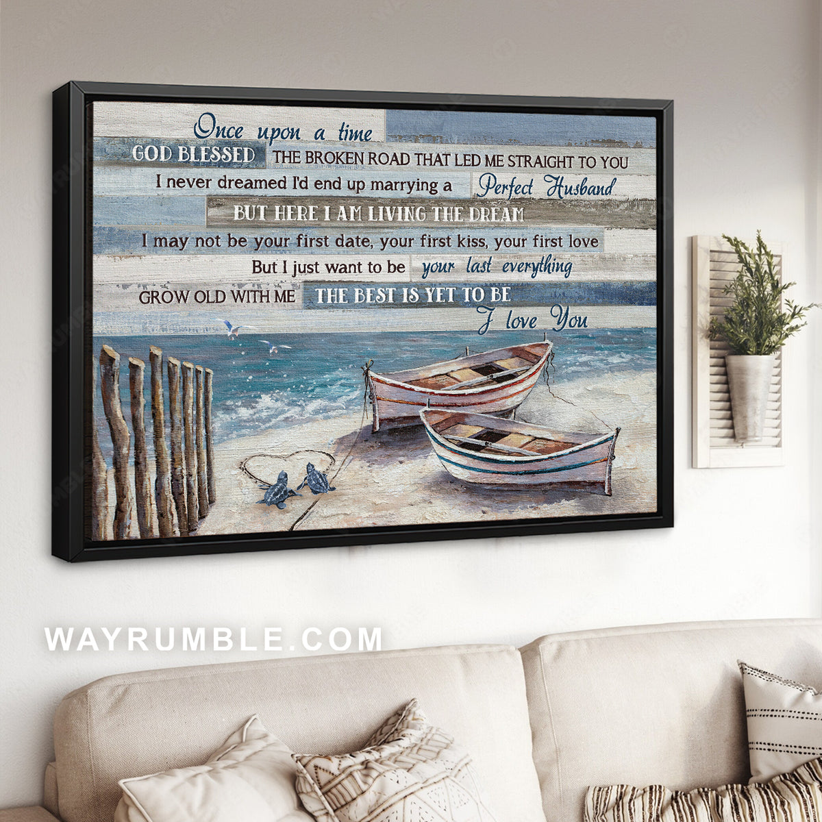 Wooden boat, Sea turtle, Ocean view, Once upon a time - Family Landscape Canvas Prints, Wall Art