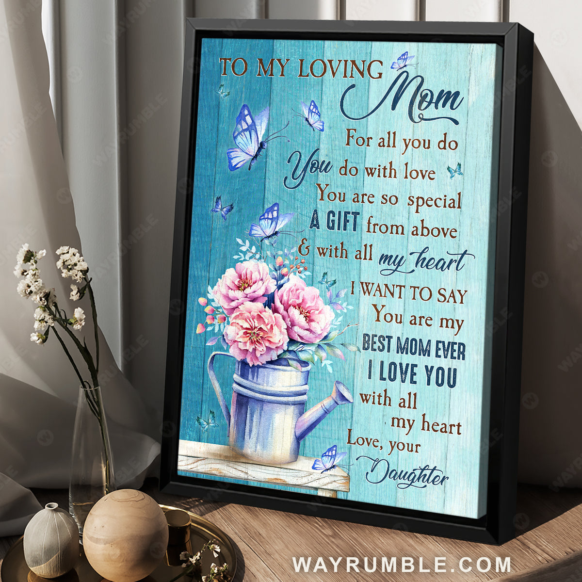 Daughter to mom, Pink carnation, Purple butterfly, I love you with all my heart - Family Portrait Canvas Prints, Wall Art