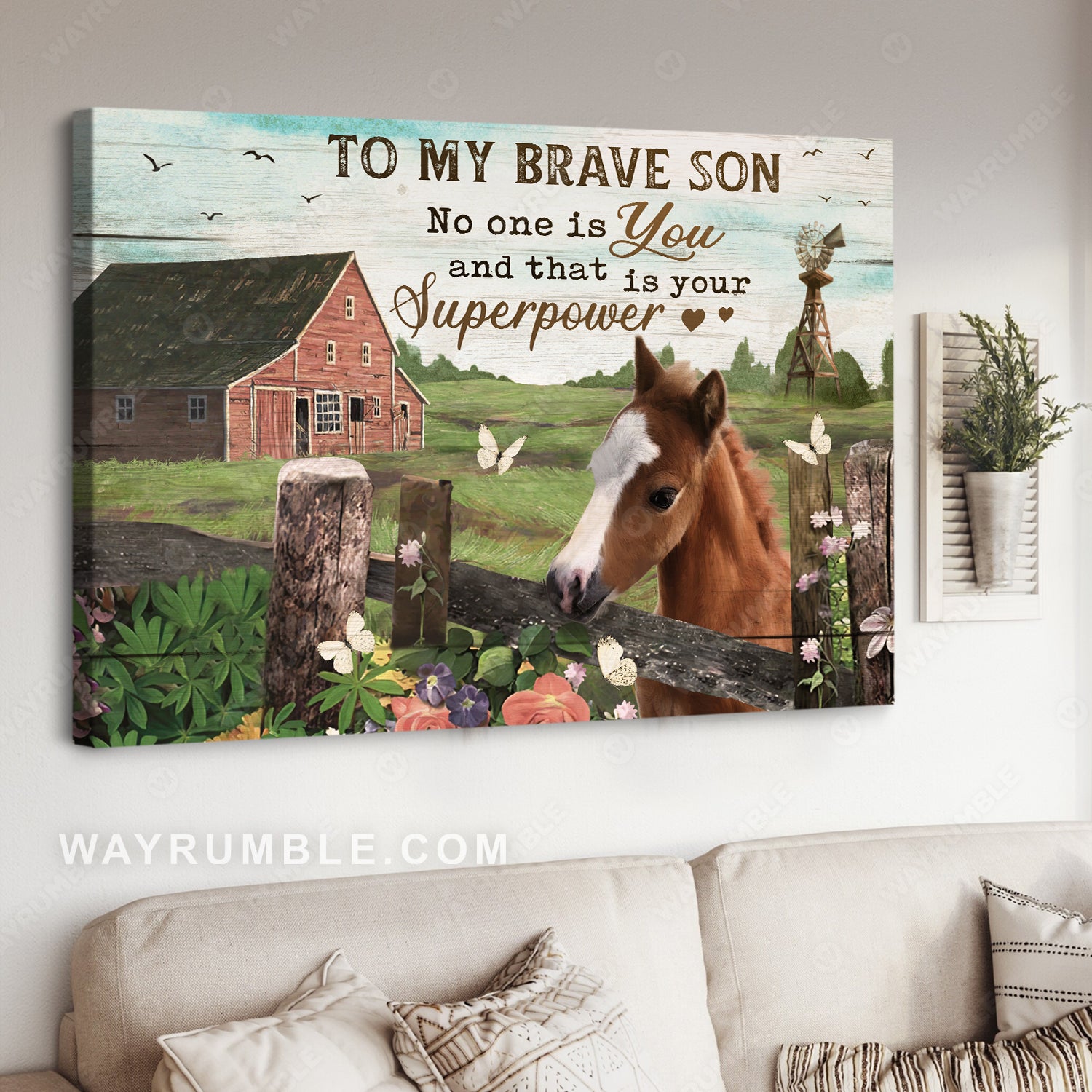 Dad to son, Green meadow land, Horse drawing, To my brave son - Family Landscape Canvas Prints, Wall Art