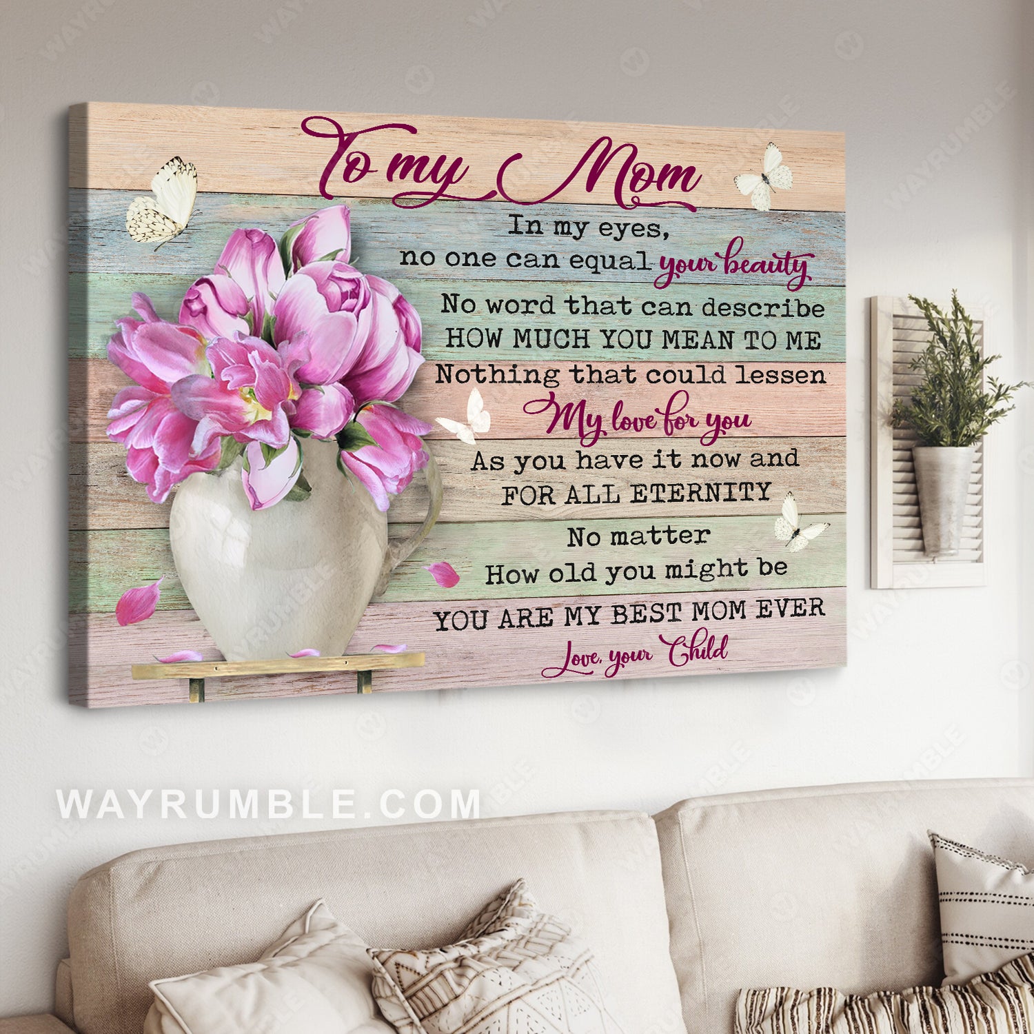 Daughter to mom, Pink flower vase, Still life painting, You are my best mom ever - Family Landscape Canvas Prints, Wall Art