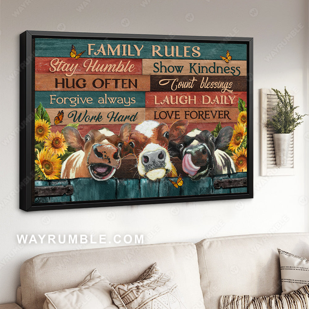 Beautiful diary cow, Sunflower field, Orange butterfly, Family rules - Family Landscape Canvas Prints, Wall Art