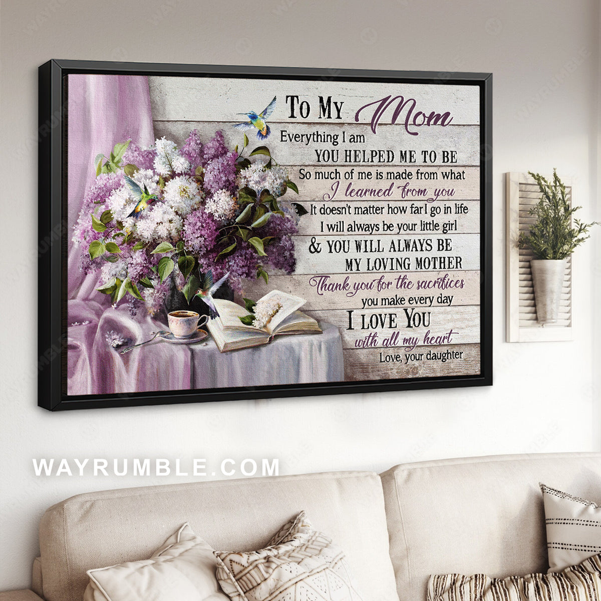 Daughter to mom, Purple hydrangea, Hummingbird, I love you with all my heart - Family Landscape Canvas Prints, Wall Art