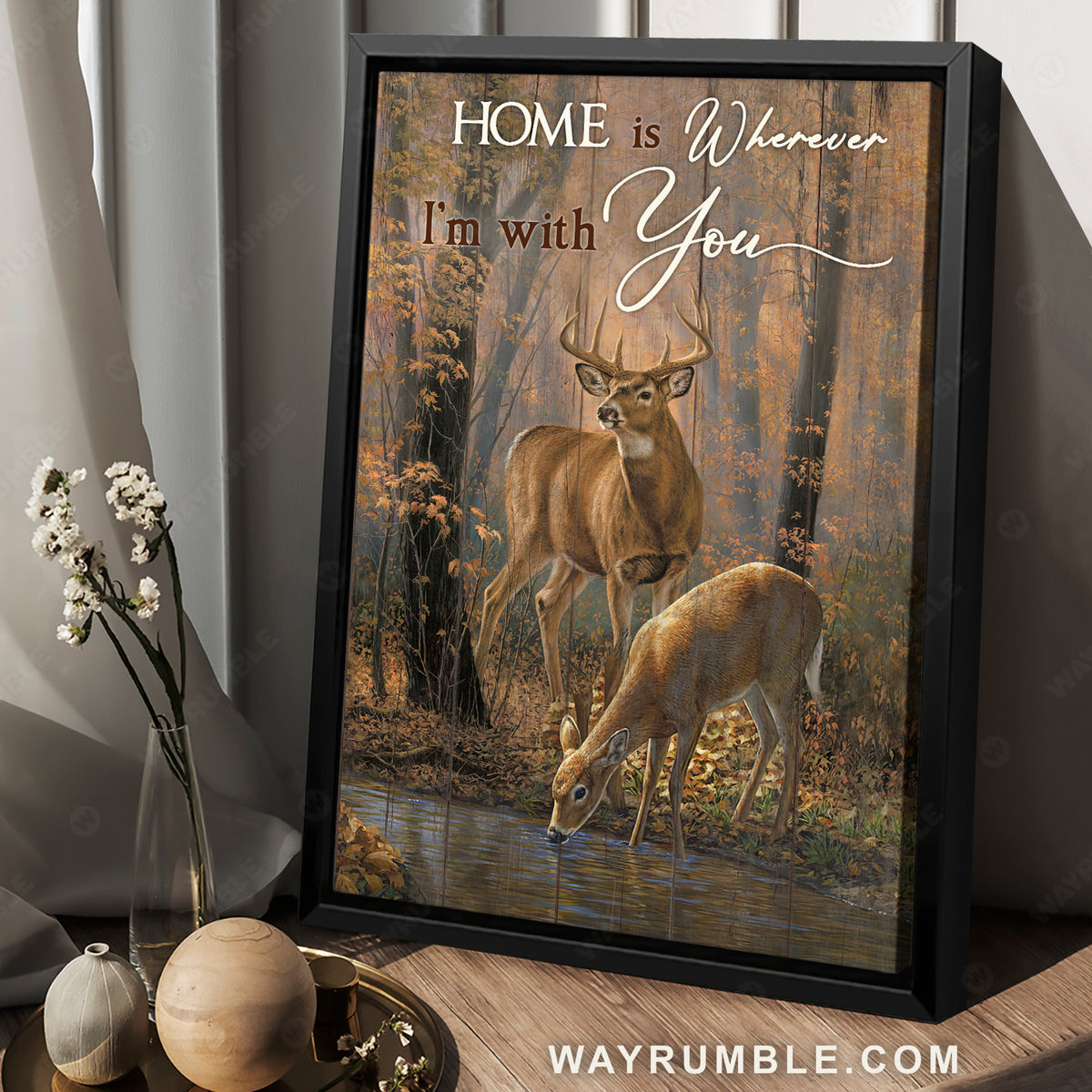 Beautiful autumn forest, Deer drawing, Home is wherever I&#39;m with you - Family Portrait Canvas Prints, Wall Art