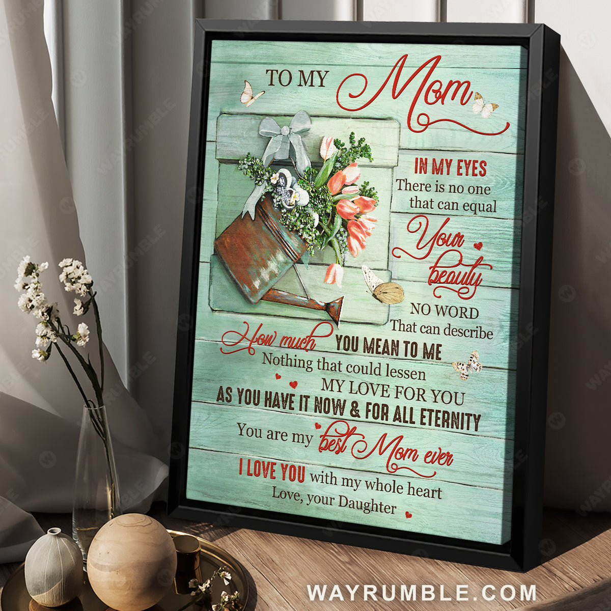 Daughter to mom, Tulip flower, White butterfly, I love you with my whole heart - Family Portrait Canvas Prints, Wall Art