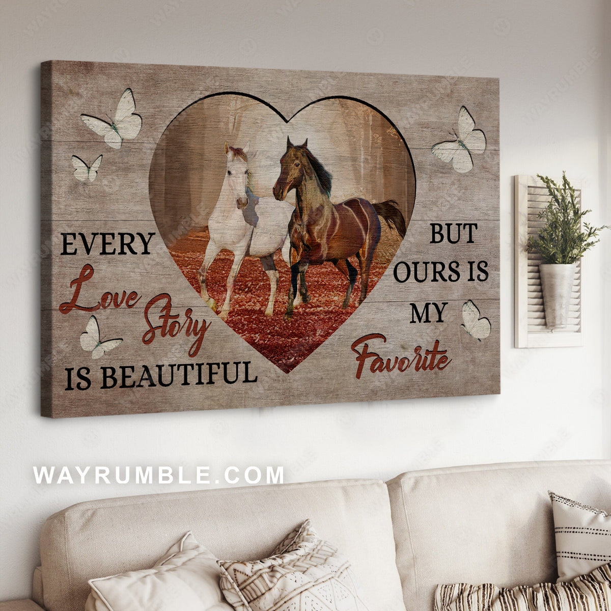 Horse drawing, Autumn forest, Heart shape, Every love story is beautiful - Family Landscape Canvas Prints, Wall Art
