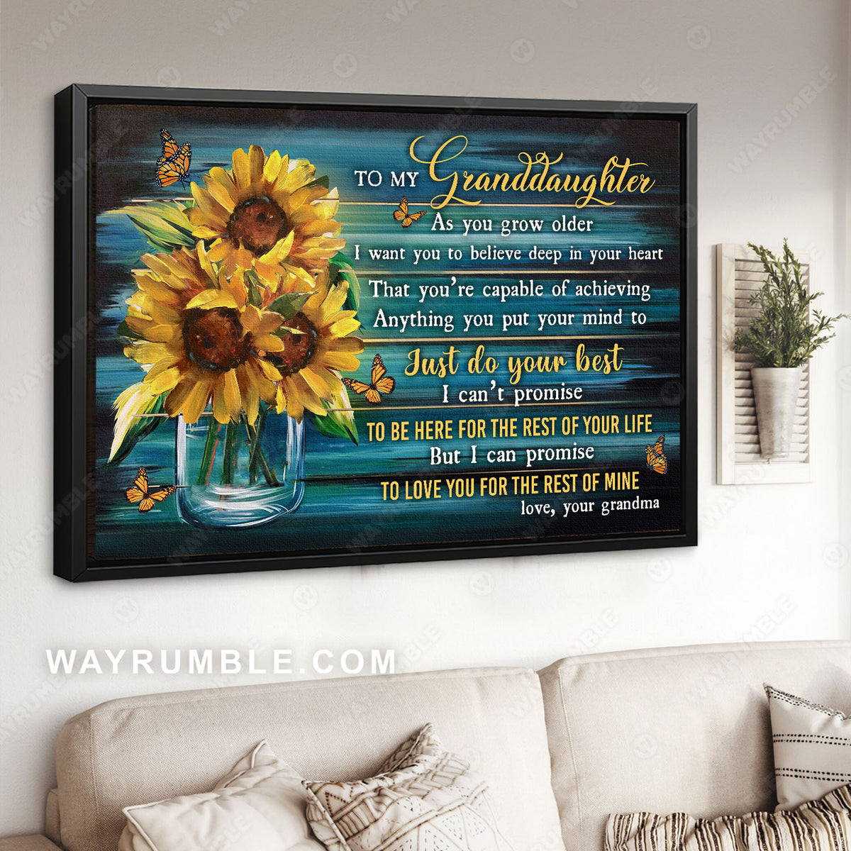 Grandma to granddaughter, Watercolor sunflower, Butterfly, Just do your best - Family Landscape Canvas Prints, Wall Art