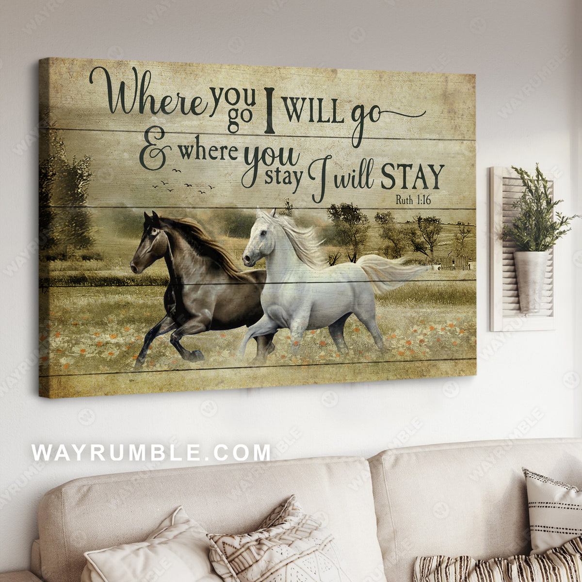 Running horses, Daisy field, Meadow land, Where you go, I will go - Family Landscape Canvas Prints, Wall Art
