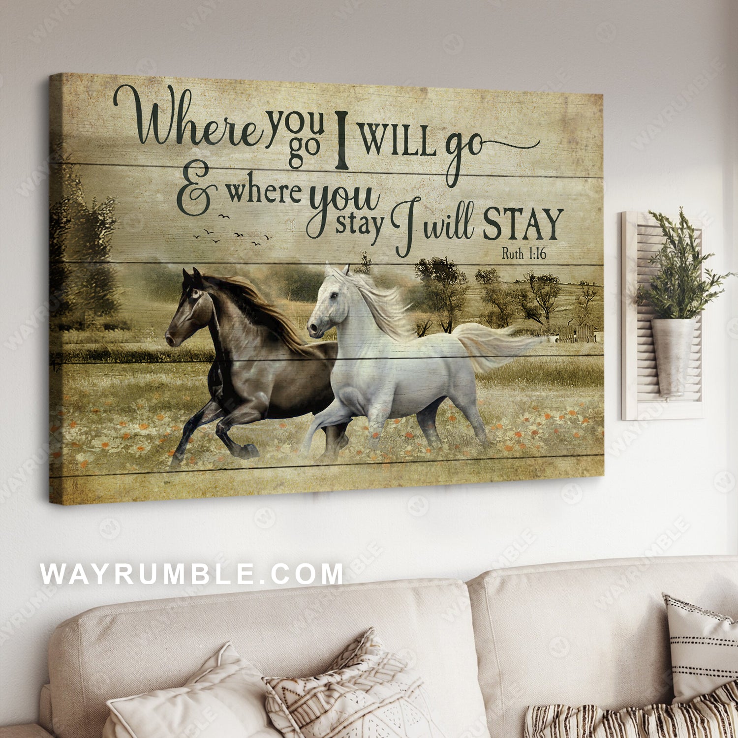 Running horses, Daisy field, Meadow land, Where you go, I will go - Family Landscape Canvas Prints, Wall Art