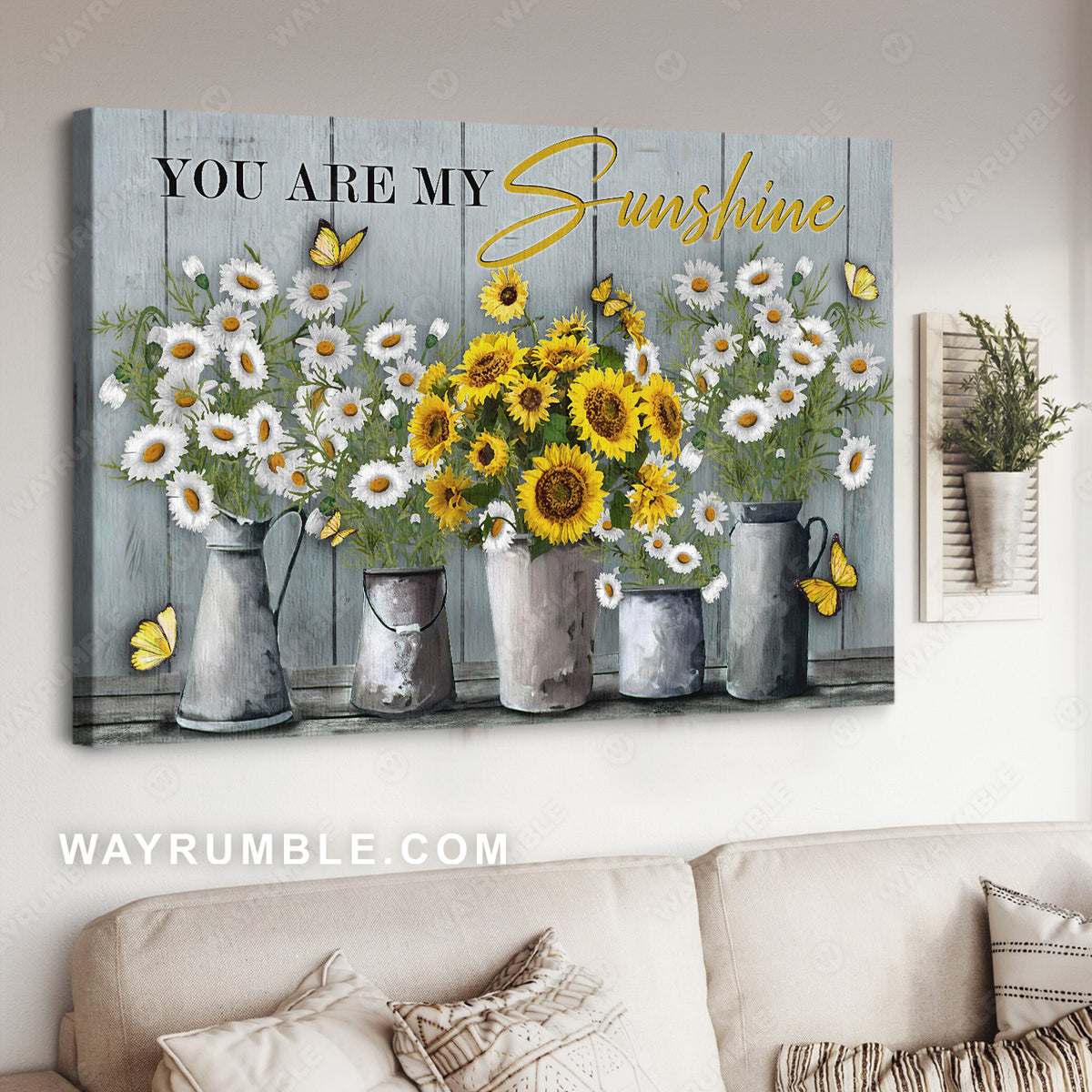 Sunflower vase, Pretty daisy, Yellow butterfly, You are my sunshine - Family Landscape Canvas Prints, Wall Art