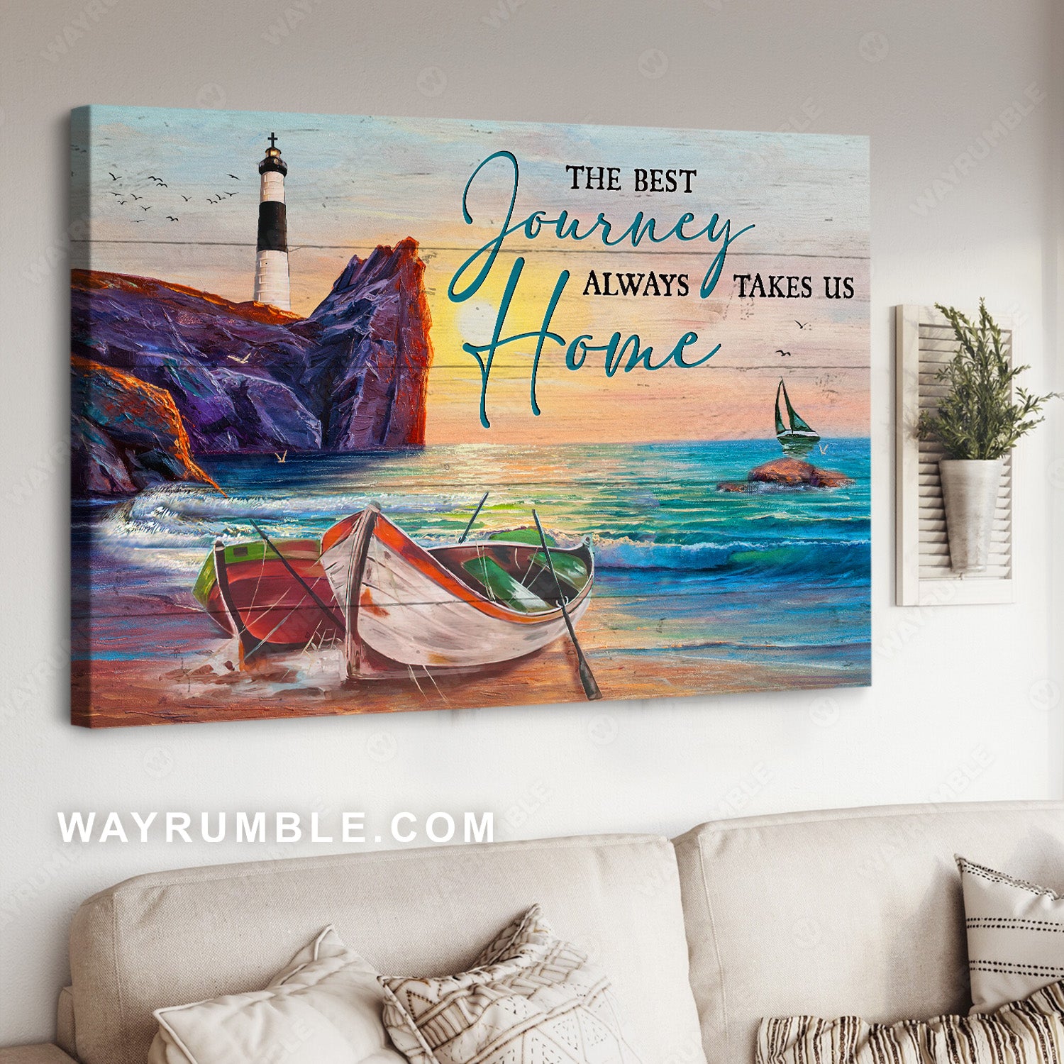 Beautiful rock mountain, Pretty sunset, Boat, The best journey always take us home - Family Landscape Canvas Prints, Wall Art