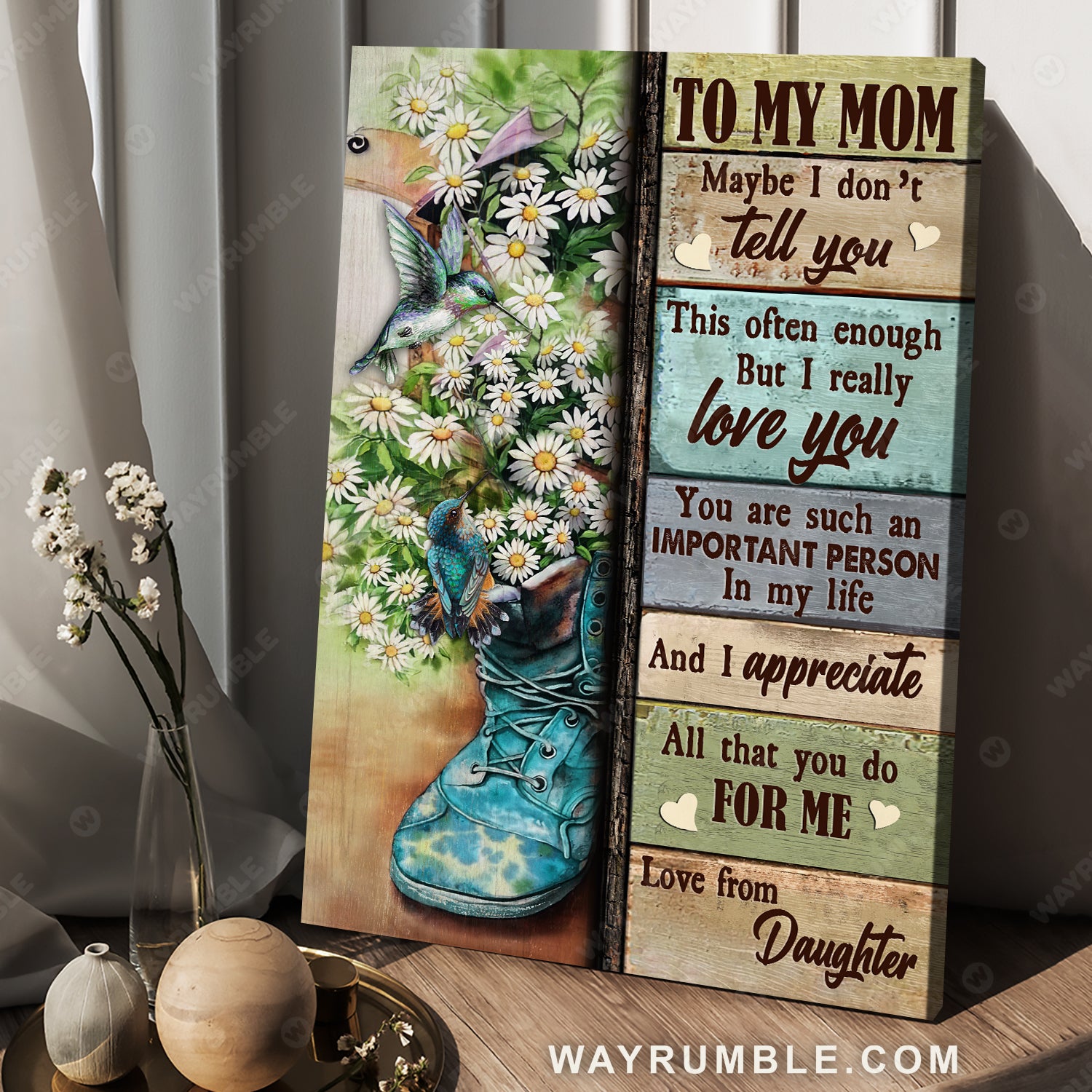 Daughter to mom, Beautiful daisy flower, Vintage boots, I really love you - Family Portrait Canvas Prints, Wall Art
