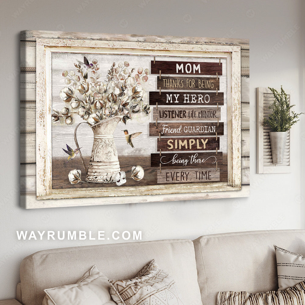 Daughter to mom, Cotton flower, Hummingbird, Thanks for being my hero - Family Landscape Canvas Prints, Wall Art