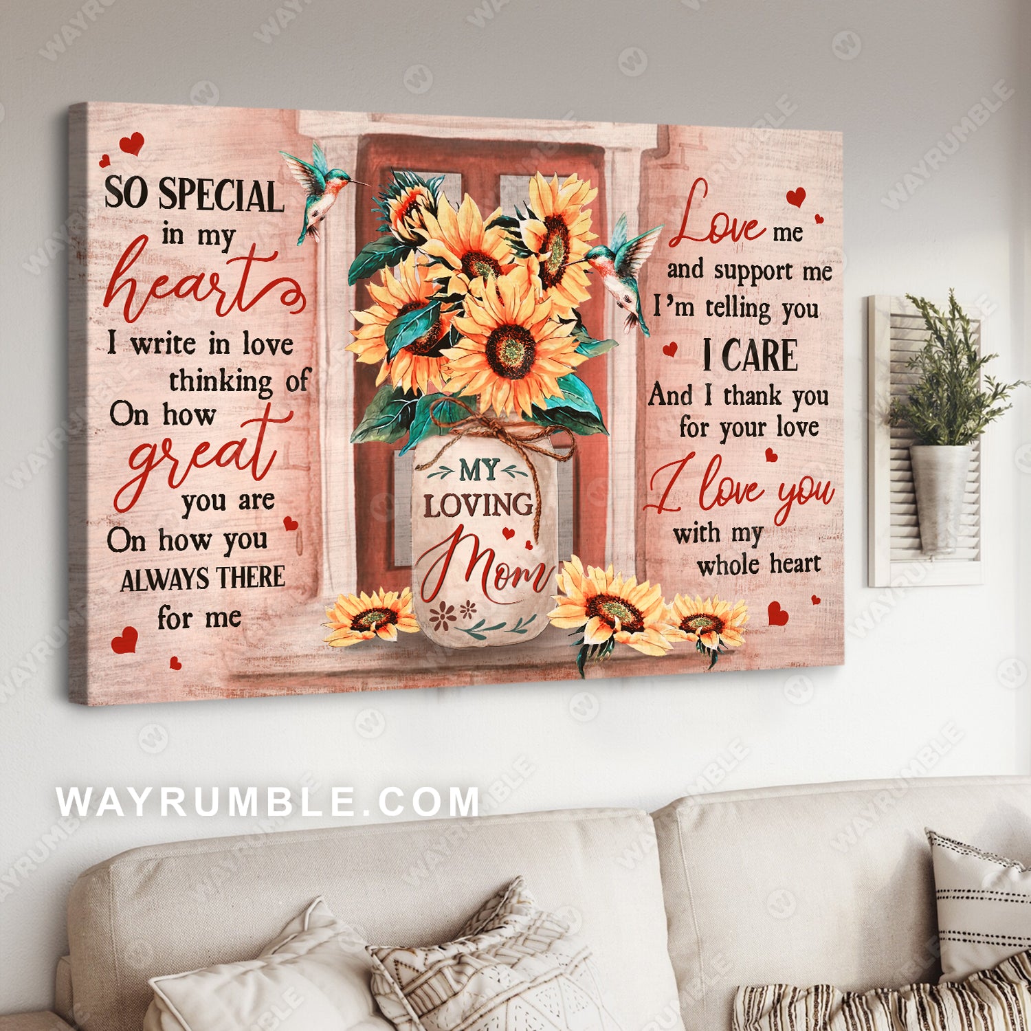 Daughter to mom, Sunflower vase, Pink background, I love you with my whole heart - Family Landscape Canvas Prints, Wall Art
