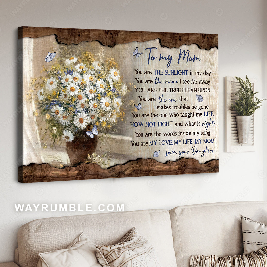 Daughter to mom, Pretty daisy vase, Butterfly, You are the sunlight in my day - Family Landscape Canvas Prints, Wall Art