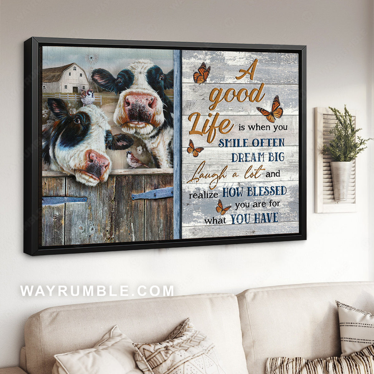 Beautiful dairy cow, Old farm, A good life is when you smile often - Family Landscape Canvas Prints, Wall Art