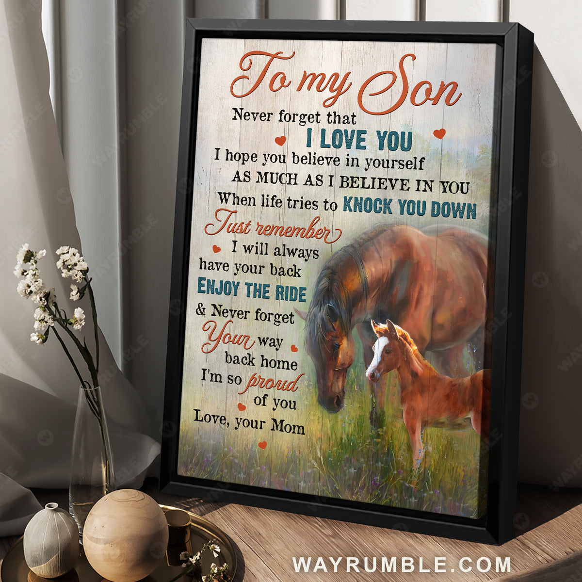 Mom to son, Brown horses, Green meadow, Never forget that I love you - Family Portrait Canvas Prints, Wall Art