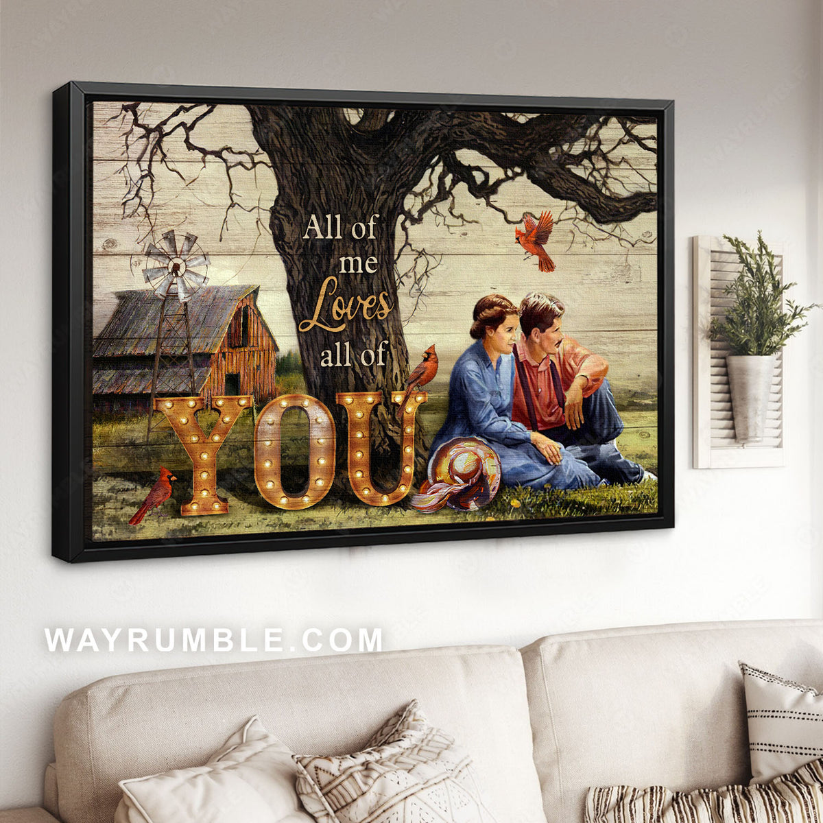 Romantic couple, Green meadow, Cardinal, All of me loves all of you - Family Landscape Canvas Prints, Wall Art