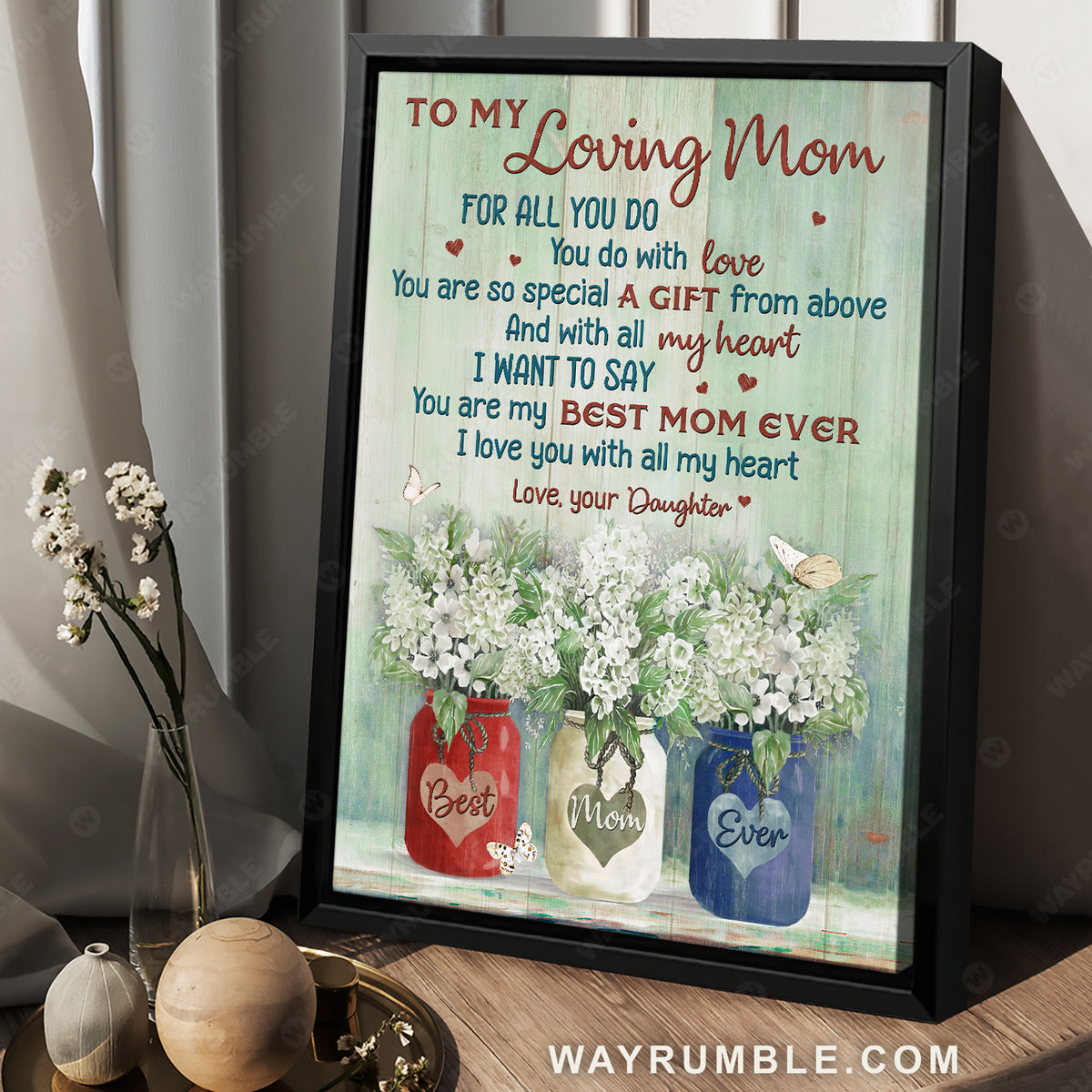 Daughter to mom, White flower garden, Butterfly, I love you with all my heart - Family Portrait Canvas Prints, Wall Art