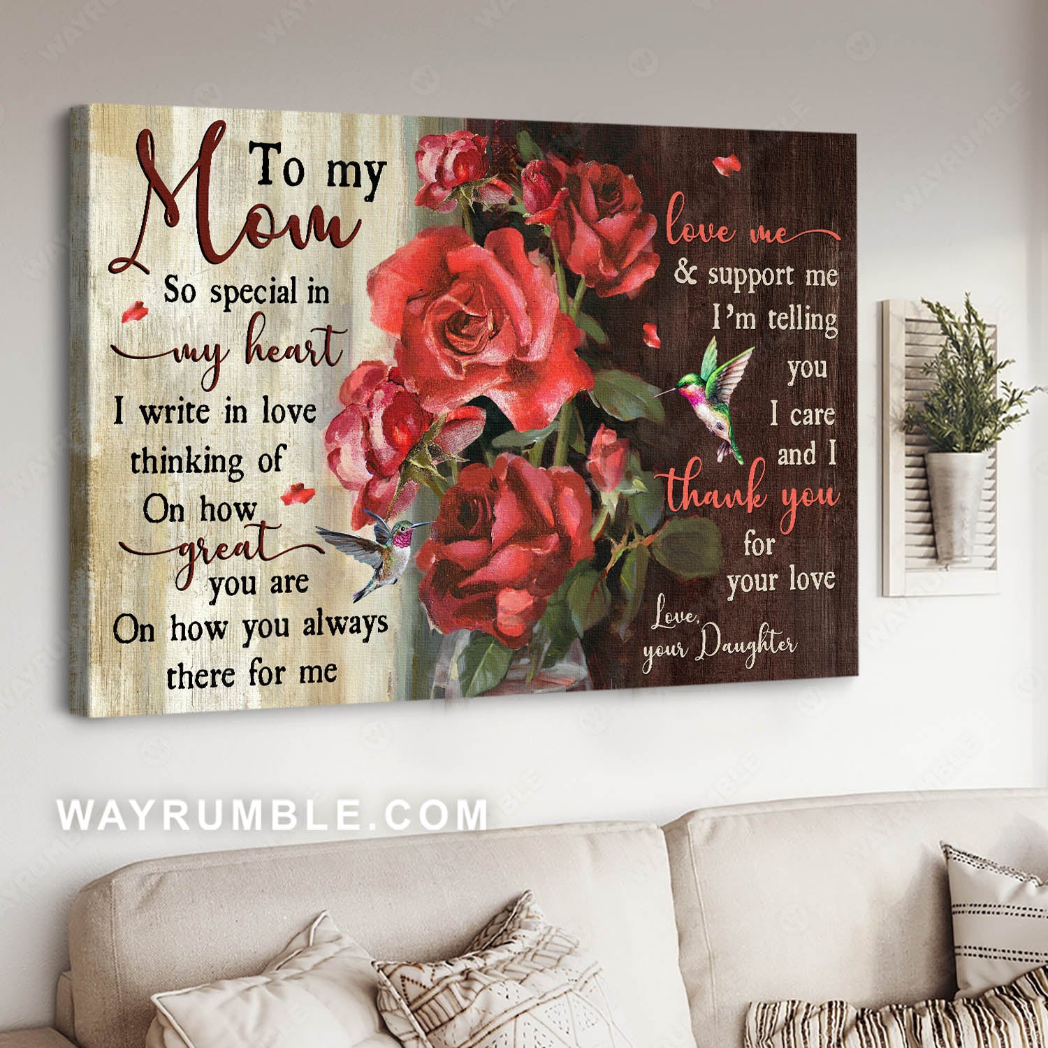 Daughter to mom, Beautiful rose garden, Hummingbird, I thank you for your love - Family Landscape Canvas Prints, Wall Art